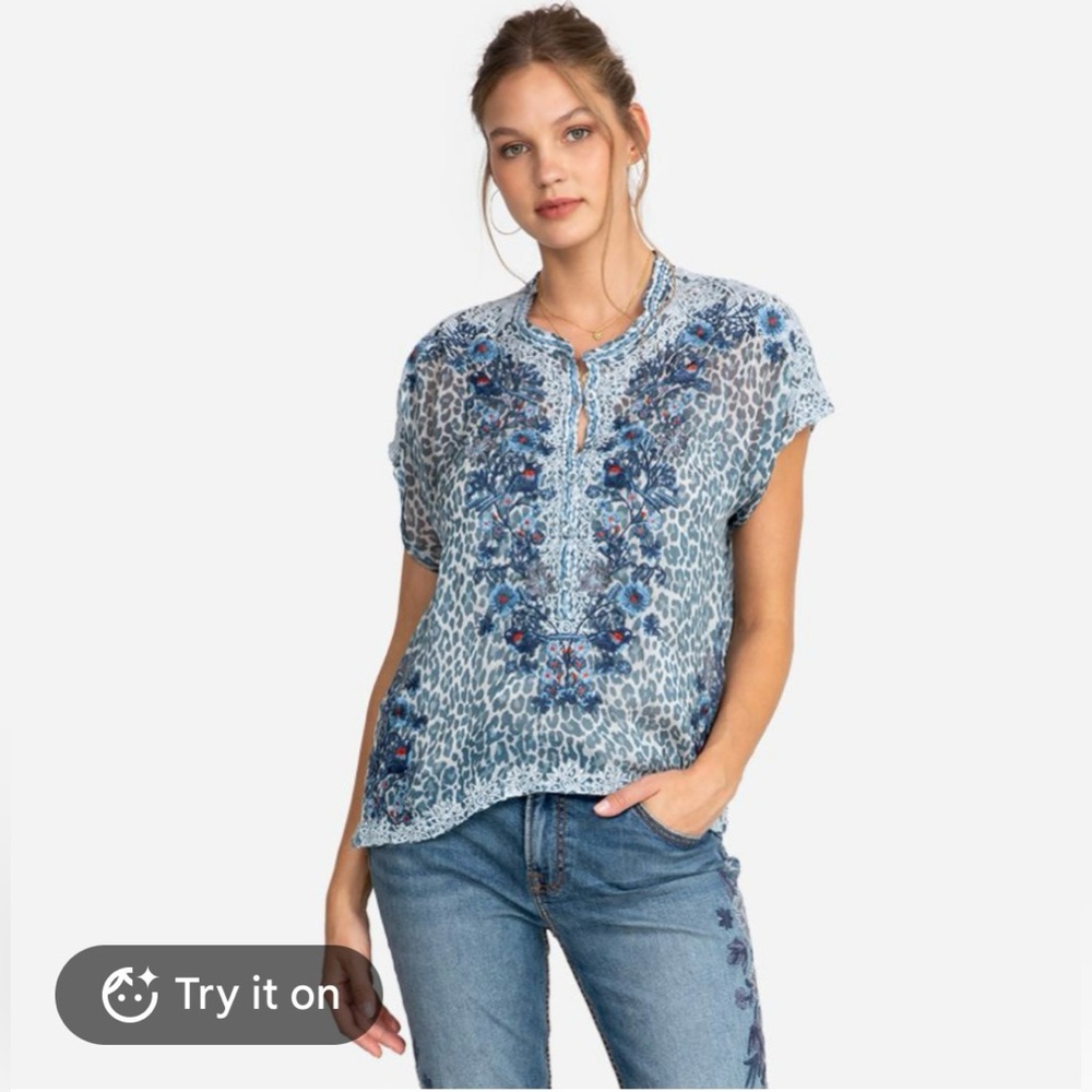Johnny Was Blue Leopard Floral Embroidered Short Sleeve Blouse